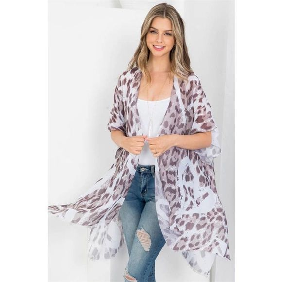 Gray Leopard Heart Print Open Front Kimono - Picture 4 of 6